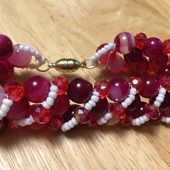 Handcrafted Beaded Bracelet w/ Magnetic Clasp RED&WHITE about 7 1/4" ...  br-19 - Picture 7 of 9